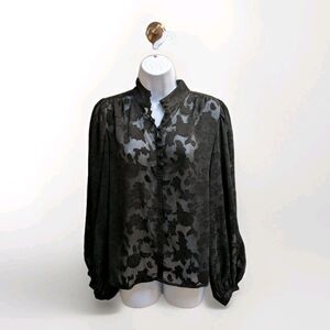 Banana Republic Black Jacquard Floral Sheer Sleeve Blouse Sz M Whimsygoth Fairy
